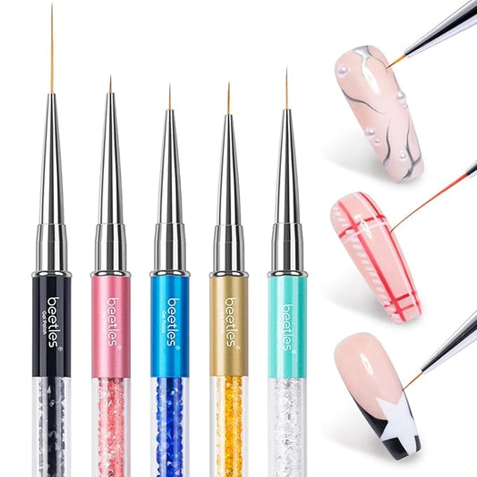 Beetles Gel Polish Nail Art Liner Brushes 5Pcs Painting Art Design Pen Set Diamond Application Rhinestone Handle Dotting Drawing Sizes 5 7 9 11 20mm Nail Design Gift for Women-VivaGrace Women