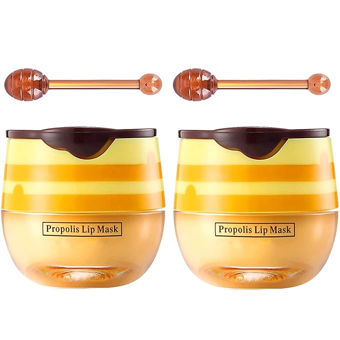 Bee Lip Balm Honey Pot, Strawberry & Honey Moisturizing Propolis Lip Mask, Hydrating & Prevention Dry and Cracked Lip Scrubs Exfoliator, Reduces Lip Lines (2Pcs Yellow)-VivaGrace Women