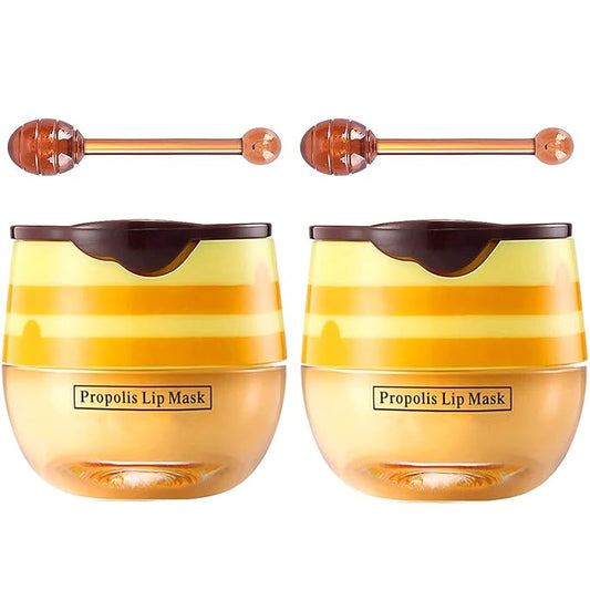 Bee Lip Balm Honey Pot, Strawberry & Honey Moisturizing Propolis Lip Mask, Hydrating & Prevention Dry and Cracked Lip Scrubs Exfoliator, Reduces Lip Lines (2Pcs Yellow)-VivaGrace Women