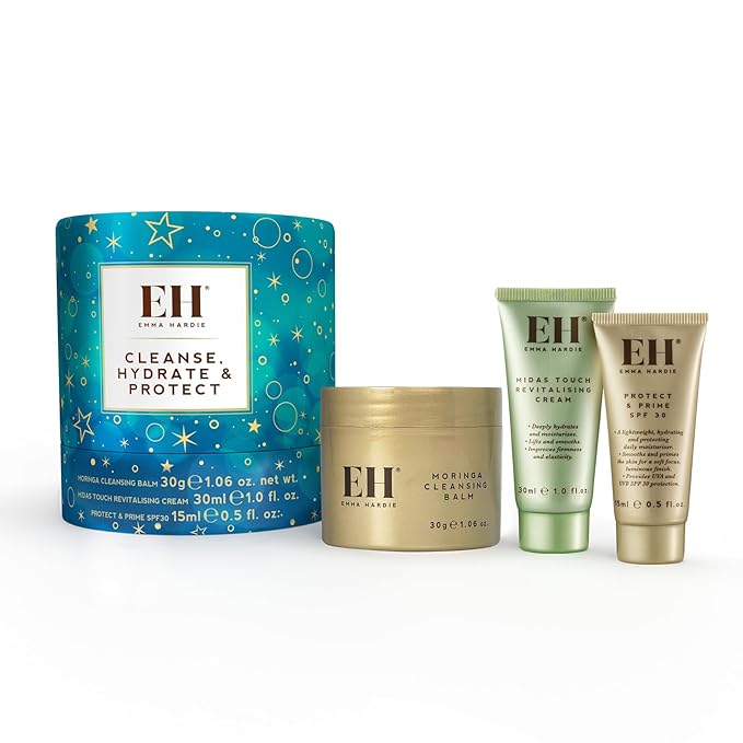 Emma Hardie Cleanse, Hydrate & Protect Gift Set: 30ml Moringa Cleansing Balm, 30ml Midas Touch Revitalising Cream & 15ml Protect & Prime SPF30 Sunscreen Face Moisturiser, Natural & Cruelty Free-VivaGrace Women