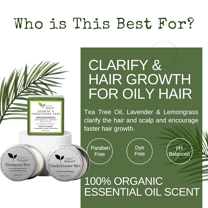 Shampoo Bar and Conditioner with Travel Tins | Lemongrass, Lavender, Tea Tree Oil | Clarifying & Growth | For Oily Hair | USA 2-pk-VivaGrace Women