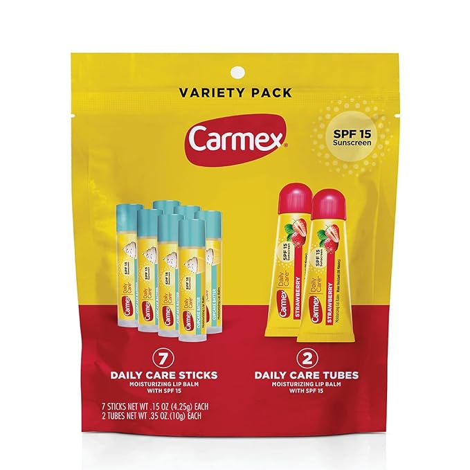 Carmex Daily Care Moisturizing Lip Balm Pack, SPF 15, Strawberry & Cupcake Batter Flavor Variety Pack Bag, 9 Count (7 Sticks, 2 Tubes)-VivaGrace Women