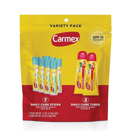 Carmex Daily Care Moisturizing Lip Balm Pack, SPF 15, Strawberry & Cupcake Batter Flavor Variety Pack Bag, 9 Count (7 Sticks, 2 Tubes)-VivaGrace Women