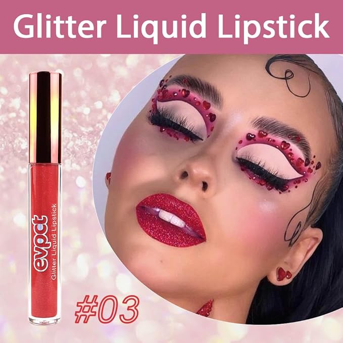 evpct 1Pcs Hot Bright Red Glitter Metallic Shimmer Diamond Lipstick Lip Gloss Stain Set for Women Long Lasting Waterproof, Dark Red Sparkle Glitter Matte long wear Liquid Lipstick Lip Makeup Kit-VivaGrace Women