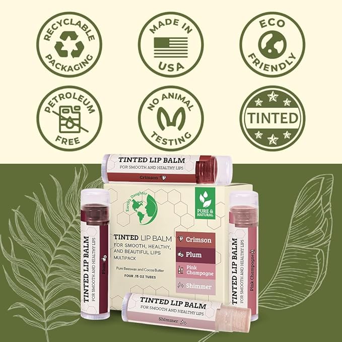 Tinted Lip Balm by Earth’s Daughter – 4 Pack of Assorted Colors – Beeswax, Coconut Oil, Cocoa Butter, Vitamin E – Moisturize and Beautify – Paraben Free-VivaGrace Women