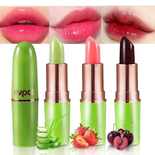 evpct 3Pcs Magic Color Changing Lipstick 24 Hours Original for Women Lasting Waterproof, Aloe Vera Strawberry Black Red Cherry PH Mood Permanent Hardpointing color changing Lipstick Tinted Lip balms-VivaGrace Women