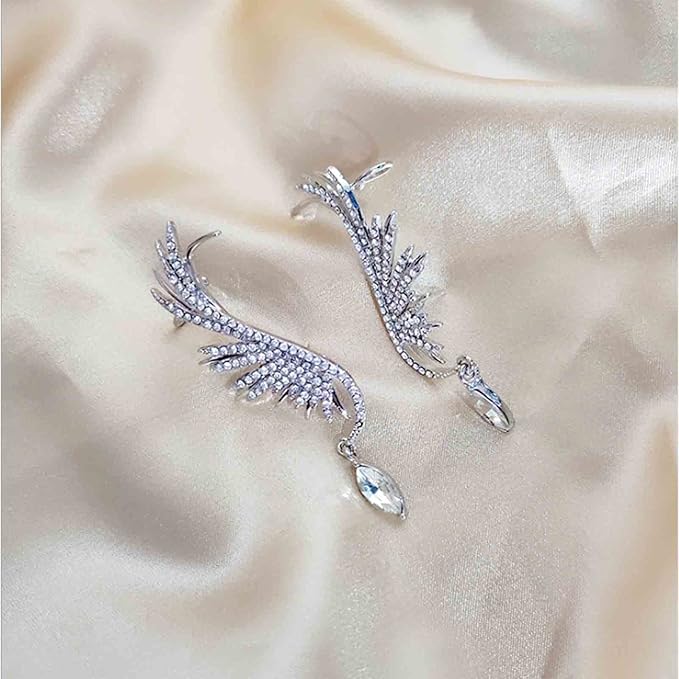 Boho Crystal Angel Wing Earrings Silver Rhinestone Wing Earrings Cz Crystal Ear Climber Earrings Guardian Wing Clip on Earrings Jewelry for Women and Girls Gifts-VivaGrace Women