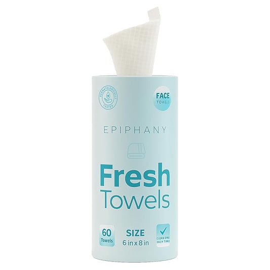 Epiphany Fresh Towels, Dry Disposable Face Towels – 60 Cotton-Feel Clean Tissues for Skin Care. Lint-Free Makeup Remover Cloths. 6x8 Inch Biodegradable Face Wash Cloths, Gentle on All Skin Types
