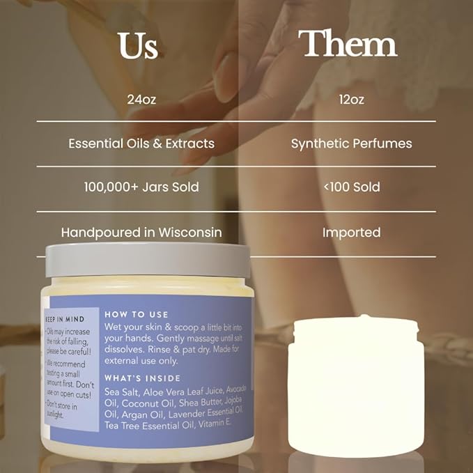 Bare Botanics Lavender Tea Tree Body Scrub 24oz | Made in Madison, WI | All Natural Sea Salt Exfoliator w/ Skin Loving Moisturizers | Vegan & Cruelty Free | Gift Ready Packaging w/ a Cute Wooden Spoon-VivaGrace Women