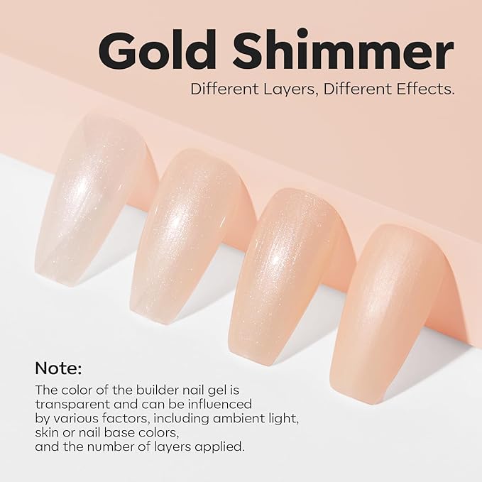 modelones Builder Nail Gel, 8-in-One Gold Shimmer Builder, Champagne Sparkle Glitter Rubber Color Base Gel Polish LED Lamp Cured, Apex Building Strengthener Extension for Home DIY Salon Girls-VivaGrace Women