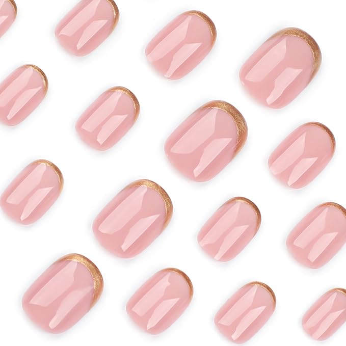 Pink Press On Nails Short Round, Gold Glitter Reverse French Design Short False Nails, Reusable Stick On Fake Nails with Glue For Women, 12 Sizes-24 Salon Quality Nail Kit, Gift for Woman