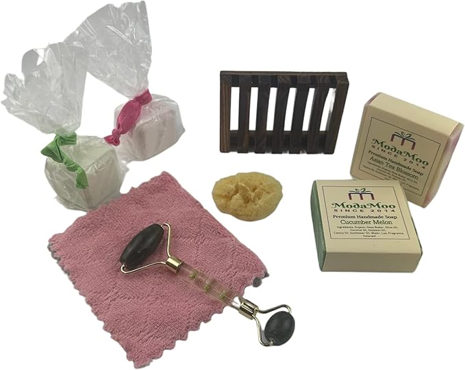 ModaMoo's Day Spa Gift Box Set. Cucumber Melon and Asian Tea Blossom Soaps, Jade Roller, Sea Sponge, and More-VivaGrace Women