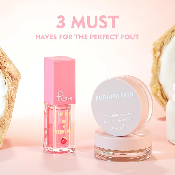 Pudaier 3Pcs Lip Care Kit with Coconut Lip Mask Caramel Lip Scrub Strawberry Lip Oil for Shiny and Nourishing Lips, Dry Lips Treatment, Moisturizing Lip Care For All Day Hydration-VivaGrace Women