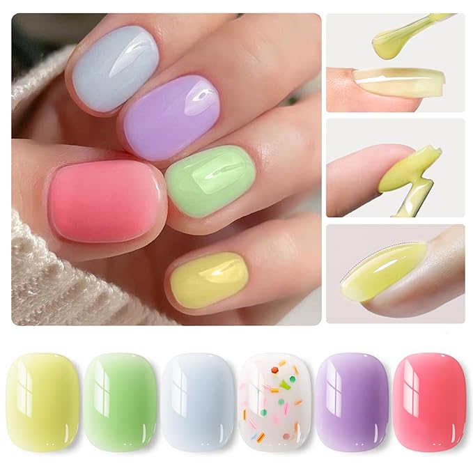 Born Pretty Jelly Pastel Gel Nail Polish 6 Colors Spring Summer Yellow Green Blue Purple Pink Candy Sweet Colors Apex Building Effect Gel Polish Kit Nail Art Gel Manicure Kit DIY at Home Salon Gifts-VivaGrace Women