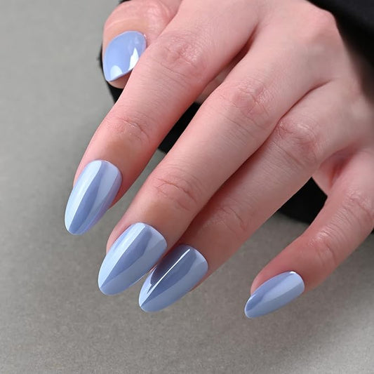 Chrome Spring Press on Nails Short Almond, Light Blue Press on Nails Almond, Fashion Gel Fake Nails, Reusable Glossy Stick on Nails for Women, Glue on Nails Kit,15 Sizes - 30Pcs