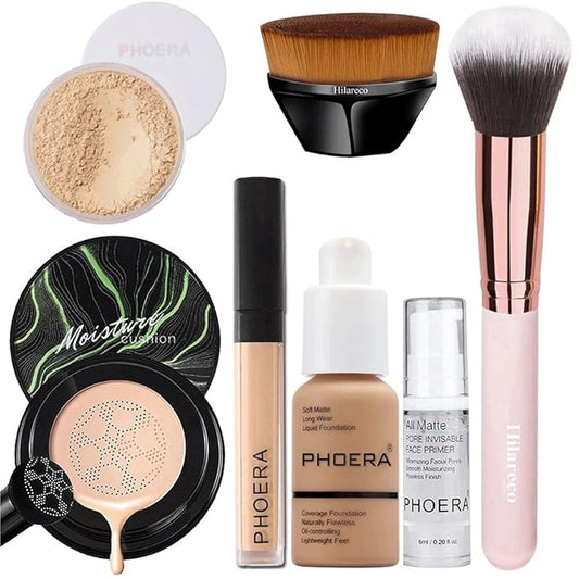 PHOERA Foundation Full Coverage Makeup, Mushroom Head Air Cushion CC Cream Natural Foundation Set,PHOERA Concealer, PHOERA Primer, PHOERA Powder, Foundation Brushes (105 Sand+ 05 Sand CC)-VivaGrace Women