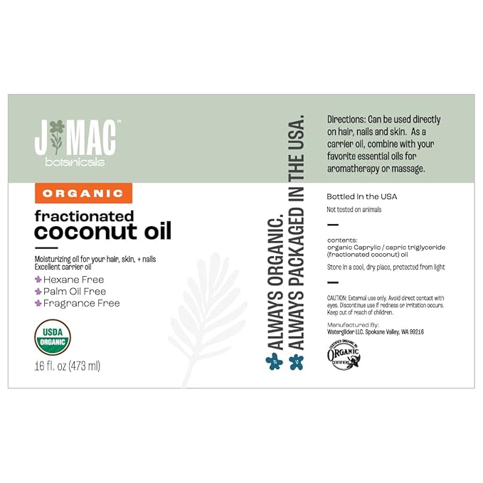 J MAC BOTANICALS Organic Fractionated Coconut Oil (16 Ounce Glass Bottle) Organic Carrier Oil and for DIluting Essential Oils, Moisturizer, Hair Care-VivaGrace Women