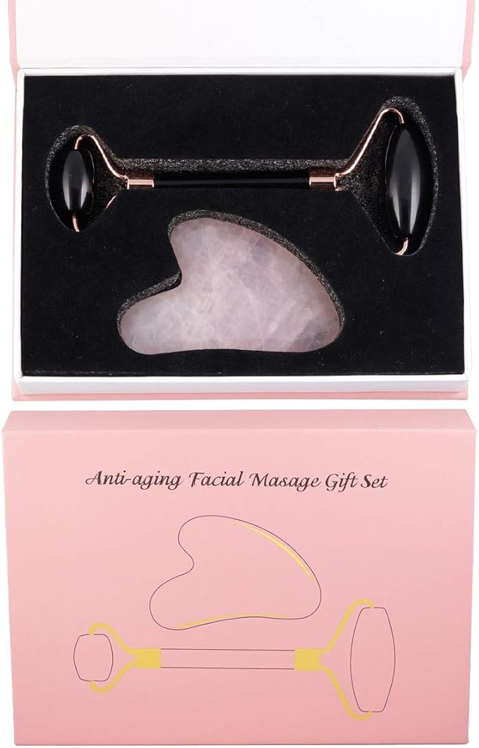 Rockcloud Natural Crystal Jade Roller and Gua Sha Scraping Set Massager Tool for Anti Aging Beauty Neck Body Reduce Wrinkles Facial Massager Therapy Black Obisidian and Rose Quartz Crystal Stone-VivaGrace Women