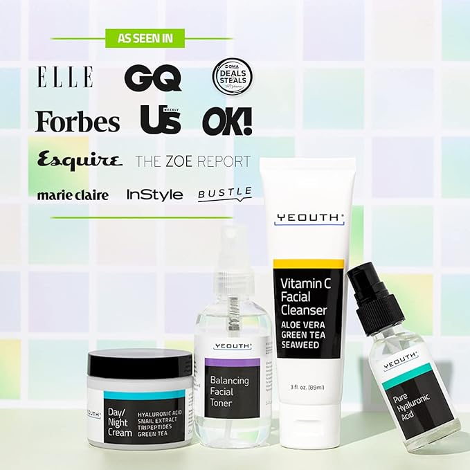 YEOUTH Skin Care Set: Hyaluronic Acid Serum, Vitamin C Cleanser, Toner & Face Cream, Teen Skincare Kit Girls & Boys 4-Piece Beauty Gifts-VivaGrace Women