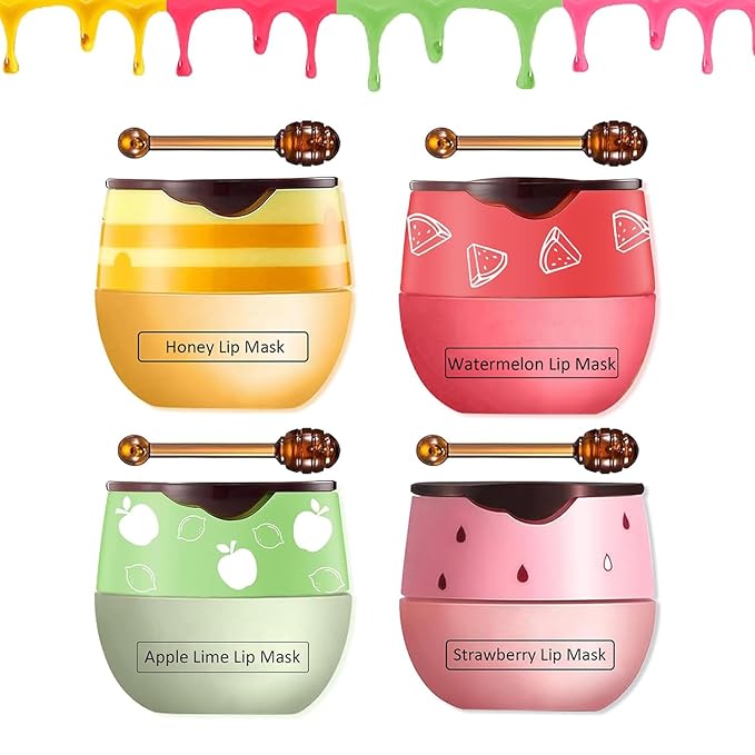 4 PCS Bee Lip Balm Honey Pot,Strawberry&Honey&Watermelon&Apple Lime Lip Sleeping Mask,Hydrating Prevention Dry and Cracked Lip Scrubs Exfoliator Lip Care,Moisturizing Lip Mask Overnight-VivaGrace Women