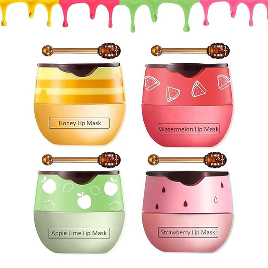 4 PCS Bee Lip Balm Honey Pot,Strawberry&Honey&Watermelon&Apple Lime Lip Sleeping Mask,Hydrating Prevention Dry and Cracked Lip Scrubs Exfoliator Lip Care,Moisturizing Lip Mask Overnight-VivaGrace Women