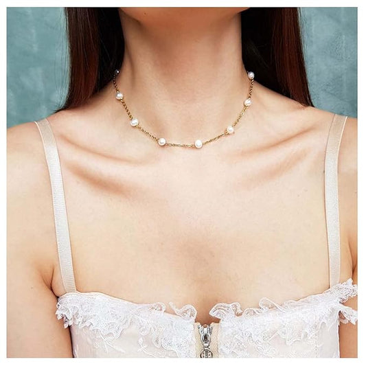 Boho Pearl Choker Necklace Floating Pearl Station Necklace Gold Tiny Pearl Beaded Necklace Chain Bridal Necklace Jewelry for Women and Girls Gifts-VivaGrace Women