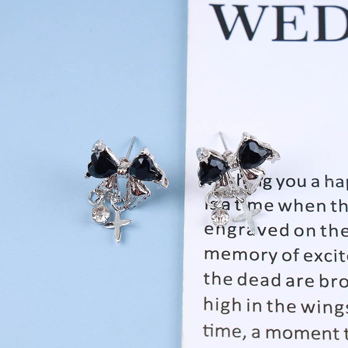 Vintage Crystal Bow Earrings Black Onyx Stud Earrings Silver Tiny Cross Drop Earrings Sparkly Cz Rhinestone Bow Earrings Jewelry for Women-VivaGrace Women