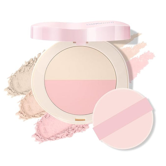 Pink Setting Powder, 3 in 1 Blush Palette with Puff, Highlighter Palette, Fine Texture Blush Pressed Powder, Setting Powder Makeup, Korea Makeup - Pink-VivaGrace Women