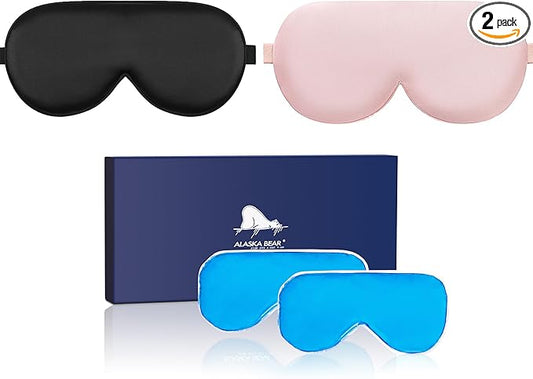 ALASKA BEAR Cooling Gel Eye Mask Weighted Silk Sleep Mask & Cotton Eyeshades Cold & Hot Compress for Pain Relief, 180g Heavy, 2 Set(Black & Pink)-VivaGrace Women