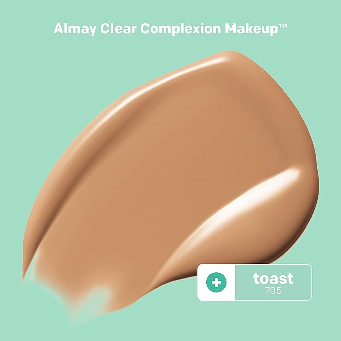Almay Clear Complexion Acne Foundation Makeup with Salicylic Acid - Lightweight, Medium Coverage, Hypoallergenic, Fragrance-Free, for Sensitive Skin, 705 Toast, 1 fl oz.-VivaGrace Women