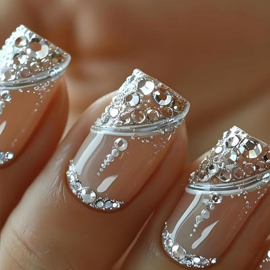 KQueenest Acrylic Press on Nails Short Medium Square, Luxurious Nude Fake Nails Acrylic with Rhinestones, Glue on Nails Short Coffin Sliver Stripes Sequins Full Cover False Nails For Women 24 Pcs