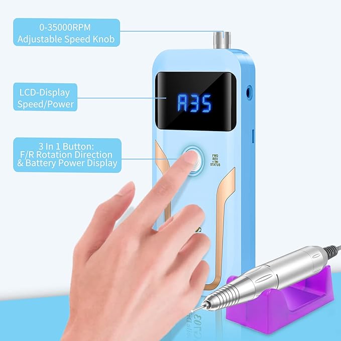 Portable Nail Drill Professional, 35000 RPM Rechargeable Electric Nail File Machine E File for Acrylic Nails Gel Polishing Removing, Cordless E-file with Bits Kit for Manicure Salon Home,Blue-VivaGrace Women