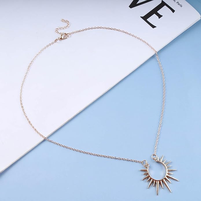 Vintage Sunburst Pendent Necklace Hollow Sunburst Necklace Moonstone Gold Sun Choker Necklace Open Sunburst Necklace Jewelry for Women (Gold)-VivaGrace Women