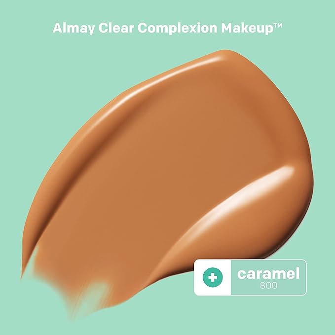Almay Clear Complexion Acne Foundation Makeup with Salicylic Acid - Lightweight, Medium Coverage, Hypoallergenic, Fragrance-Free, for Sensitive Skin, 800 Caramel, 1 fl oz.-VivaGrace Women