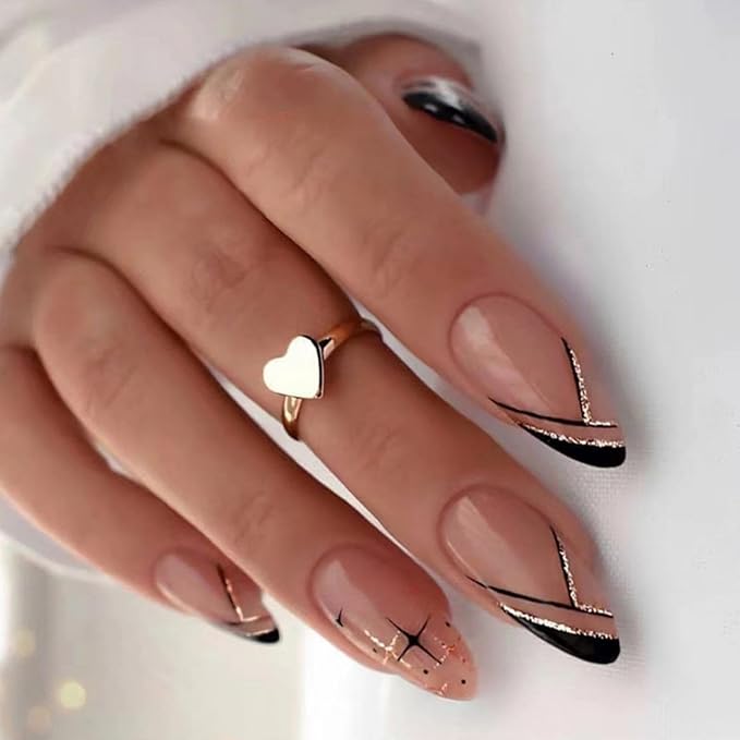French Tip Press on Nails Medium Almond Fake Nails Black Gold Line False Nails with Design Star Glue on Nails Glossy Acrylic Nail Press ons Full Cover Stick on Nails for Women Girls Manicure 24PCS