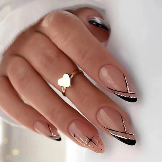 French Tip Press on Nails Medium Almond Fake Nails Black Gold Line False Nails with Design Star Glue on Nails Glossy Acrylic Nail Press ons Full Cover Stick on Nails for Women Girls Manicure 24PCS