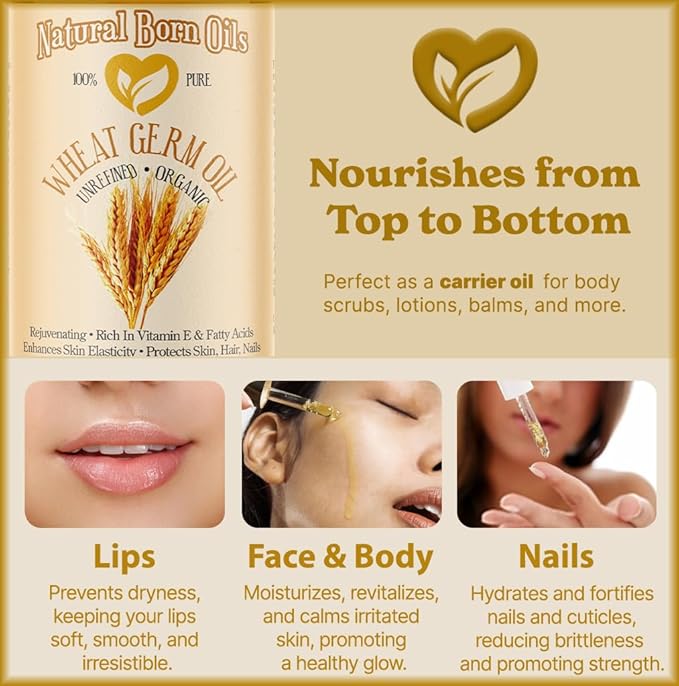 Natural Born Oils Wheat Germ Oil. 4oz. 100% Pure, Natural, Organic, Cold-pressed, Unrefined, Rejuvenating, Rich in Vitamin E. Moisturizer for Skin Hair-VivaGrace Women