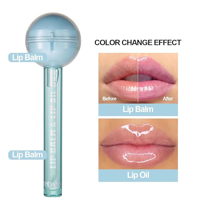 Tinted Lip Balm Lollipop Lip Gloss, Magic pH Color Changing Pink Lipstick & Vitamin E Clear Lip Oil Combo, Hydrating Plumping Lip Care Product for Girls (Blue)-VivaGrace Women