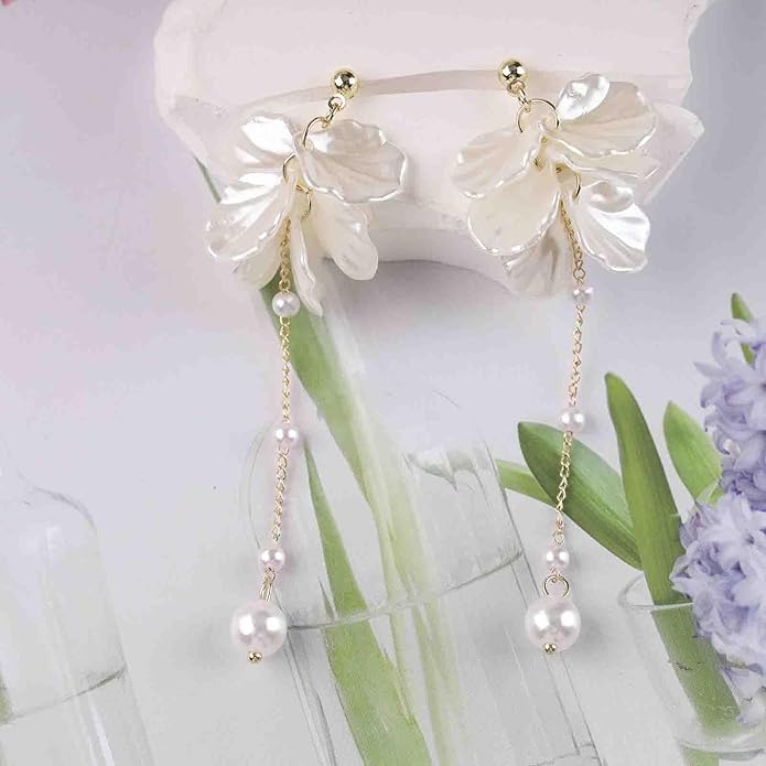 Vintage Pearl Flower Drop Earrings Long Pearl Chain Earrings Gold Pearl Tassel Earrings White Flower Dangle Earrings Jewelry for Women-VivaGrace Women