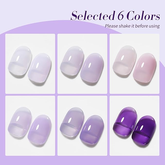 BORN PRETTY Jelly Purple Gel Nail Polish 6 Colors Purple Violets Colors Gel Polish Kit Soak Off Gel Nail Kit Collection Nail Art Gel Manicure Kit DIY at Home Salon Gifts-VivaGrace Women