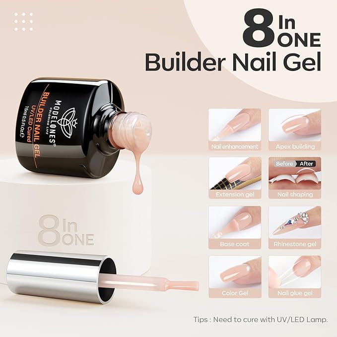 modelones 8-in-One Builder Nail Gel, Neutral Nude Builder for Thickening, LED Lamp Cured Hard Strengthener Extension Color Base Rhinestone Glue Gel Polish in a Bottle for DIY Home Salon-VivaGrace Women