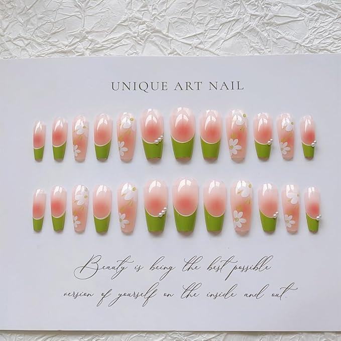 Green French Tip Fake Nails 24Pcs White Flower Press on Nails Long Coffin Acrylic False Nails with Design Pearl Nail Charms Camellia Flowers Glue on Nails Gradient Blush French Artificial Nails