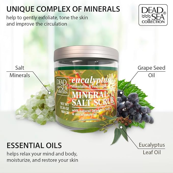 Dead Sea Collection Eucalyptus Salt Scrub – Exfoliating Body Scrub for Women – Moisturizing and Nourishing Skin – with Pure Oils and Dead Sea Minerals (23.28 Oz)-VivaGrace Women