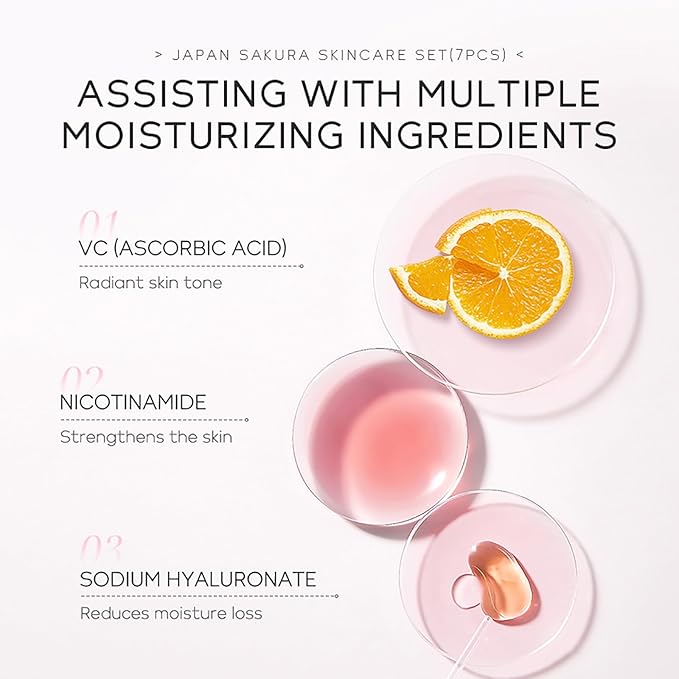 Skin Care Set JAPAN SAKURA Beauty Gift Sets Skin Care Kit with Cleanser, Toner, Lotion, Serum, Eye Cream, Face Cream, Make up Primer Travel Kit for Women Wife Mom 7pcs-VivaGrace Women