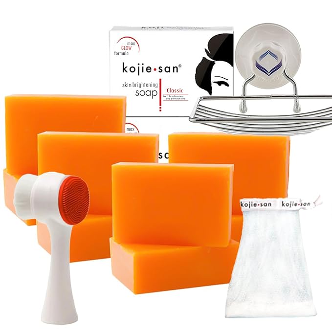 Kojie San Face & Body Shower Set - The Original Kojic Acid Soap, Dark Spot Remover Bar Soap with Coconut & Tea Tree Oil – 65g x 8 Bars with Leafa Soap Net, Brush and Soap Dish-VivaGrace Women