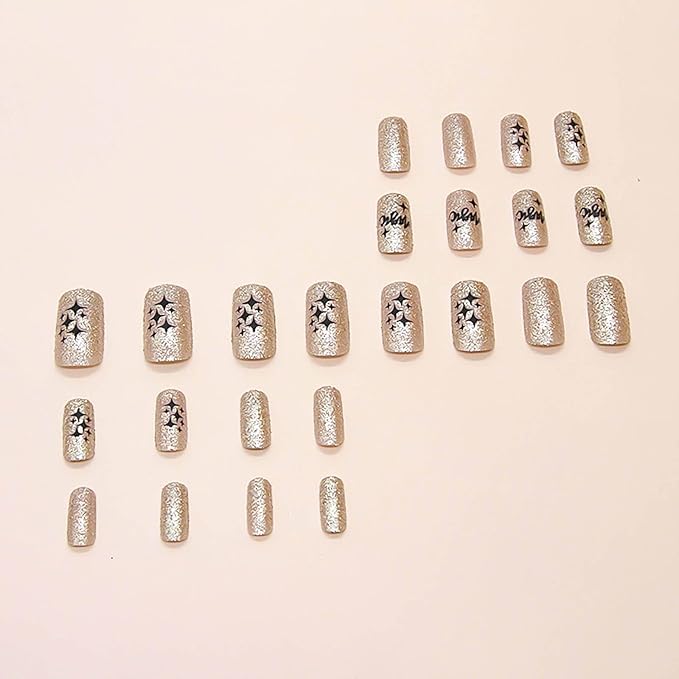 Medium Press on Nails Square Fake Nails Gold Glitter False Nails with Designs Medium Square Glue on Nails Sparkly Artificial Nails Cute Stick on Nails for Women 24Pcs