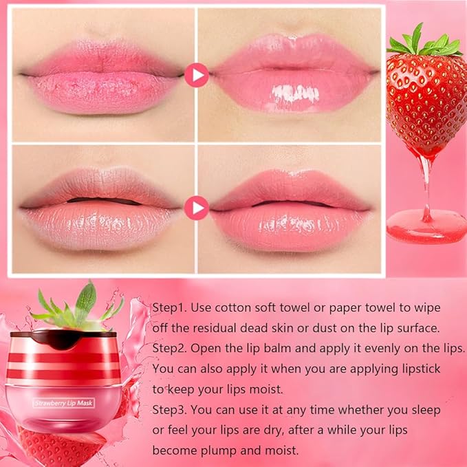 2PCS Strawberry Pot Lip Balm with Brush,Lip Exfoliating Balm Sleeping Lip Mask,Hydrating Prevention Dry and Cracked Lip Scrubs Exfoliato Lip Sleeping Mask Reduces Lip Lines Lip Care Products-VivaGrace Women