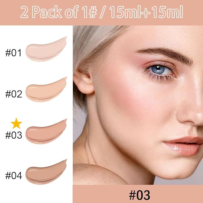 2 Pack Liquid Foundation Cream with Foundation Brush for Face Makeup,Durable Full Coverage Matte Concealer Make Up,Oil Control & Waterproof Base Primer -1 Fl.Oz (#03)-VivaGrace Women