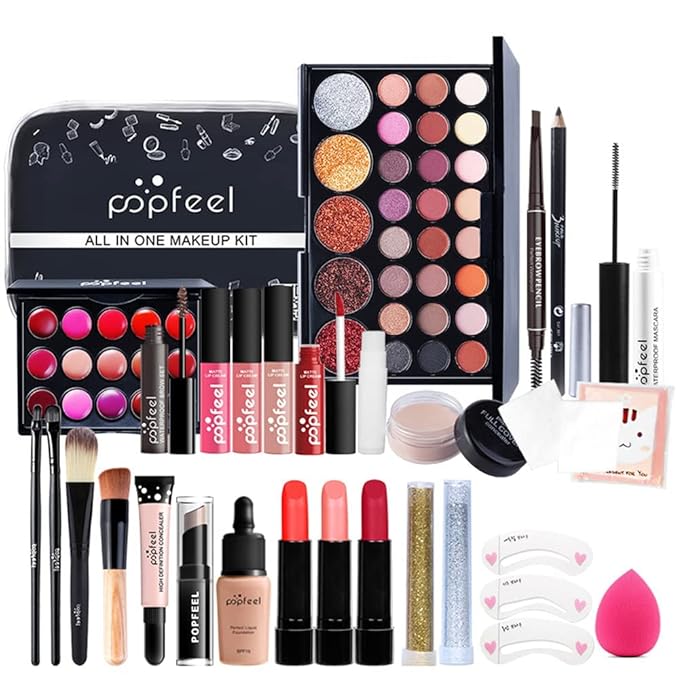 All In One Makeup Kit for Women Full Gift Surprise Makeup Set Includes Makeup Brush Set Eyeshadow Palette, Lip Gloss Set, Liquid Lipstick, Makeup Sponge, Foundation, Concealer, Eyebrow Pencil, Blush and etc (KIT004)-VivaGrace Women