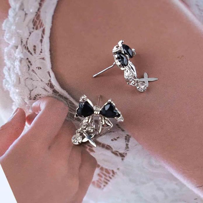 Vintage Crystal Bow Earrings Black Onyx Stud Earrings Silver Tiny Cross Drop Earrings Sparkly Cz Rhinestone Bow Earrings Jewelry for Women-VivaGrace Women